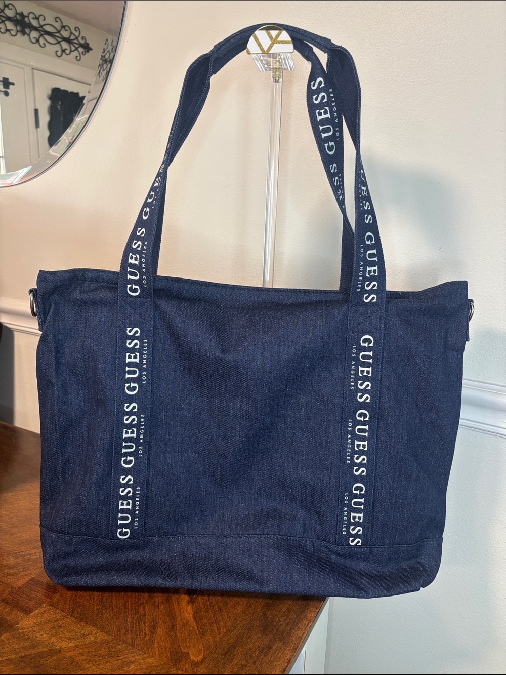 Guess Navy Denim Oversized Tote with White Logo Strap (NEW) - Picture 9 of 10